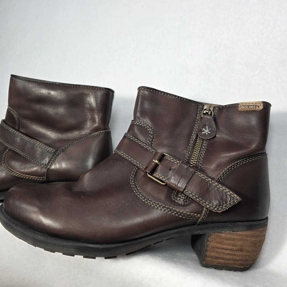 PIKOLINOS Women's 40 Harness Buckle Detail Side Zip Brown Leather Ankle Boots
